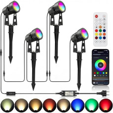 4er Gartenleuchte LED 24V 12W Gartenstrahler RGBW mit Bluetooth APP Timer, LED Gartenbeleuchtung RGB+Warmweiß mit Erdspieß mit Fernbedienung IP65 Wasserdicht für Außen Garten Rasen