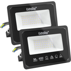 EXTRASTAR 50 W LED lauko prožektorius, 2 vnt., 4000 lm, 6500 K, šaltai balta, itin ryškus lauko prožektorius, IP65 vandeniui atsparus LED prožektorius, lauko šviestuvas sodui, kiemams, garažui, viešbučiui, sportui