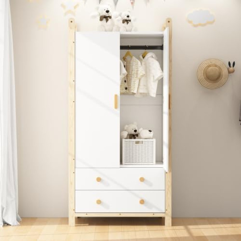 Merax 2-Door Wardrobe with Clothes Rail and Drawers - White Chipboard Wardrobe with Pine Frame, 90 x 45 x 180 cm, for Bedroom, Children's Room or Hallway