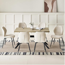 JIJIAN valgomojo komplektas su šviesaus medžio valgomojo stalu ir 6 smėlio spalvos kėdėmis, 140 x 80 x 76 cm stačiakampio formos valgomojo stalas su 6 ergonomiško dizaino lininėmis valgomojo kėdėmis, skirtas valgomajam, virtuvei, svetainei