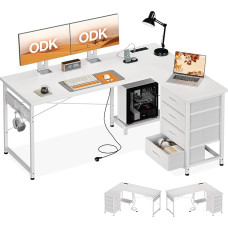 ODK Bianco kampinis rašomasis stalas su 4 stalčiais, 135 x 100 cm L formos rašomasis stalas su kištukiniu lizdu ir USB įkrovimo prievadu, apverčiamas rašomasis stalas su laikymo vieta namų biurui