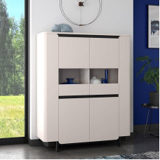 Forte VODOL Highboard Display Cabinet 130, Modern Display Cabinet with 2 Doors and Rounded Corner Design, Wood Composite, Cashmere | Beige, 130.3 cm Wide x 161.1 cm High x 44.8 cm Deep