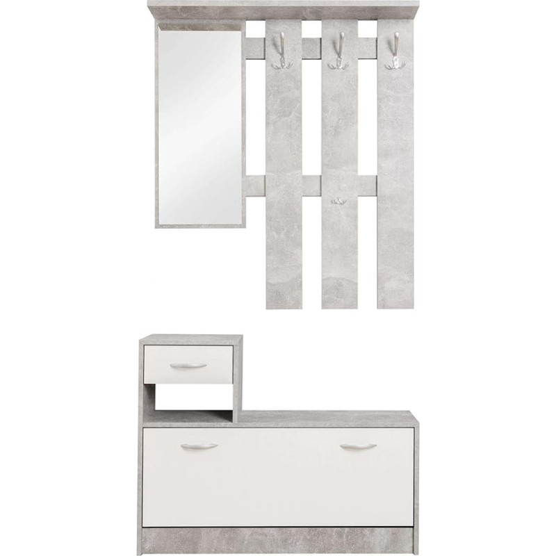 AVANTI TRENDSTORE prieškambario baldai su veidrodžiu, prieškambario įėjimas su batų laikikliu, tuščia kišenė mažiems butams, cm 100 x 25h180, baltos ir cemento spalvos