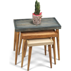 Rustic Solid Wood 3-Piece Nesting Tables with Slatted Panels - Handmade Space Saving Side Table Set