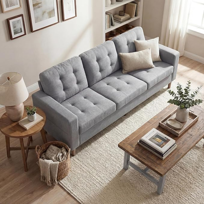 ROCSUMOO 238 cm dydžio sofa su 3 sėdimomis vietomis, maža sofa su porankiais ir šoninėmis kišenėmis, moderni medžiaginė sofa svetainei, miegamajam, namams, biurui (šviesiai pilka)