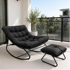 Rocking Chair, Rocking Chair with Stool, Outdoor Reading Chair with Padded, Extra Large Living Room Relaxing Chair, Load Capacity up to 150 kg, for Garden, Balcony, Patio (Black)