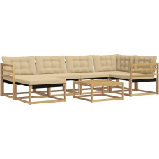 Gartenmöbel Set 7-TLG. aus massivem Akazienholz, Modulares Lounge Sofa für Garten und Terrasse, Sitzgruppe für 6 Personen, inkl. Tisch und Sitzkissen, Weiß und Beige
