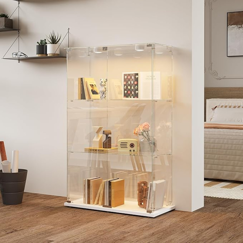 Skaidri vitrina su lempa, laisvai stovinti moderni grūdinto stiklo vitrina su 3 sluoksniais ir durelėmis, kolekcinė vitrina svetainei, miegamajam, 78,5 x 35 x 117 cm (balta, 2 durys A)
