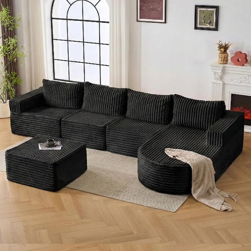 Modulinė sofa be kaulų, U formos, 336 cm, kampinė sofa su giliu otomanu ir atlošo pagalvėle, aukštos elastinės patogios putos, neremontuojama - didelė debesų sofa svetainei, miegamajam, velvetinis audinys, juoda