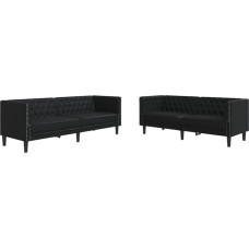 2-TLG. Chesterfield-Sofa-Set aus schwarzem Kunstleder mit Knopftuft, dick gepolsterten Sitzflächen und stabilen Beinen für Komfort und Stil.