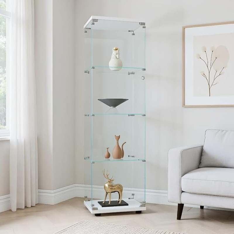 DADEA Glass Display Cabinet 4 Levels with 1 Door, Standing Glass Display Cabinet with Lock, Glass Display Cabinet, Standing Glass Display Cabinet, Living Room, Curio Cabinet, Glass Display Cabinet, Standing Glass Display Cabinet, Lockable
