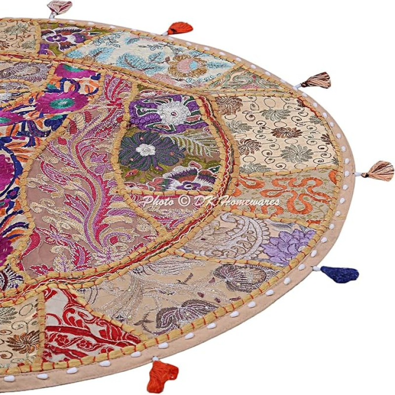 Tradicinis medvilnės sėdynės pagalvėlė suoliukas grindų pagalvėlė padengti 100 x 100 cm Bohemian smėlio spalvos Patchwork siuvinėtos namų dekoro apvalios derliaus sėdynės pagalvėlė - 40 x 40 colių