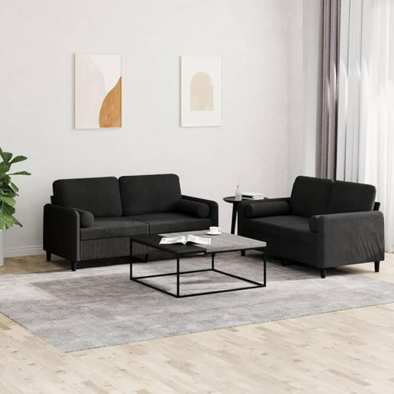 3201999 2 dalių sofos komplektas su pagalvėle, juodas aksomas, poilsio sofa, sofos ir kušetės, poilsio sofa, sofa svetainei, sofa su