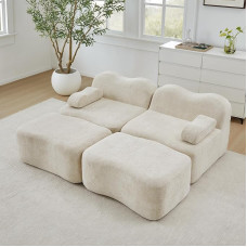 Boneless Sofa 2 Sitzer mit 2 Ottomans, Modulares Cloud Sofa ohne Aufbau, 32D Schaum, Bewegliches Armkissen, für Wohnzimmer & Apartment, Beige