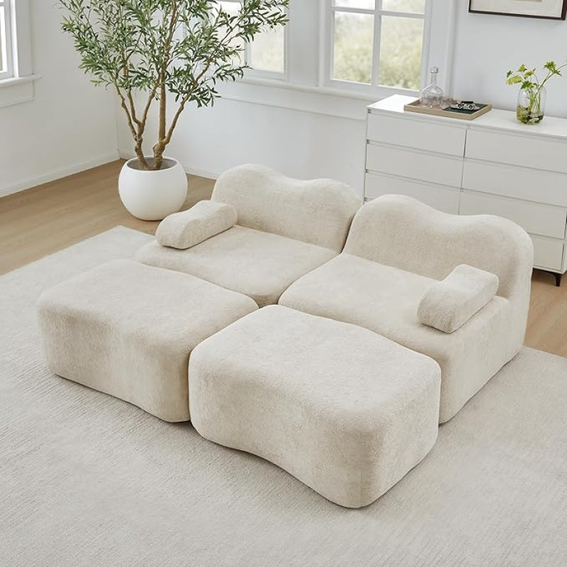 Boneless Sofa 2 Sitzer mit 2 Ottomans, Modulares Cloud Sofa ohne Aufbau, 32D Schaum, Bewegliches Armkissen, für Wohnzimmer & Apartment, Beige