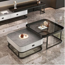 Modernes Couchtisch-Set aus Glas mit goldfarbenem Metallrahmen für Wohnzimmer, stilvolle quadratische Aufbewahrungstische, einfache Montage, Heimmöbel