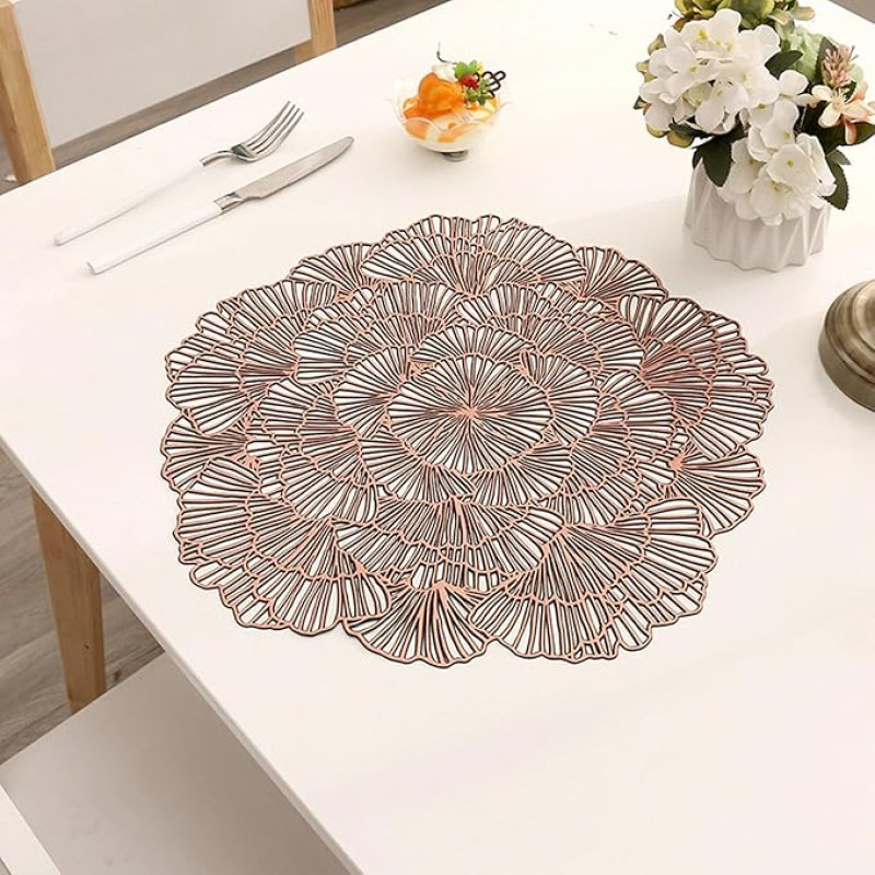 Platzdeckchen PVC Abwaschbar, 10er Set Hohle Blumen Platzdeckchen für Küche,Zuhause,Restaurant,Speisetisch, Bronze, 38cm