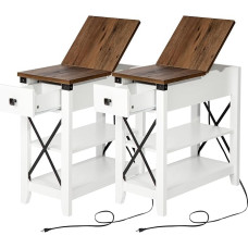 Awescuti Schmaler Beistelltisch mit Ladestation - Farmhouse schmaler Beistelltisch, 2er-Set, mit USB-Anschlüssen, Steckdosen, Nachttisch mit Klappschublade, für kleine Räume, Wohnzimmer, Schlafzimmer