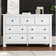 Modern Minimalist Large Capacity Dining Room Cabinet with Multiple Drawers Buffet, White Coffee Bar Cabinet with 7 Drawers for Entrance, Kitchen, Dining Room and Living Room (White)