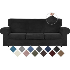 WEERRW 4 Pack Velvet Couch Covers High Stretch 3 Cushions Washable Furniture Protector with Non-Slip Elastic Bottom Soft and Thick Plush Fabric Black Large