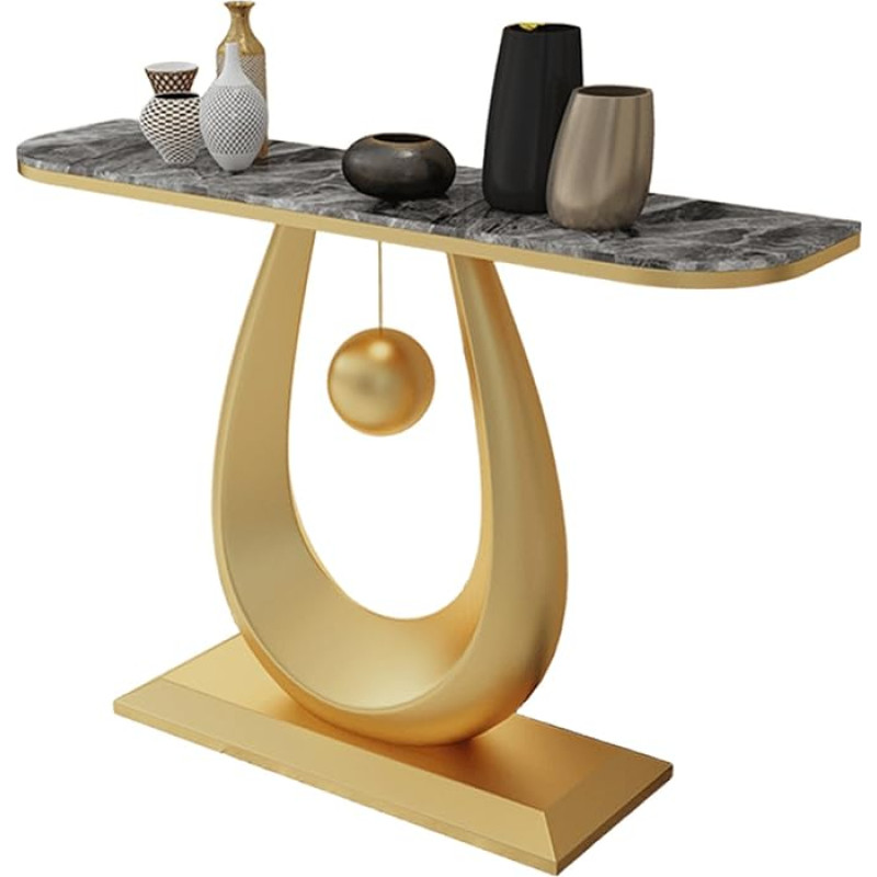 Eleganter Konsolentisch mit goldenen Akzenten - Schmaler Eingangstisch mit Rockboard-Platte und Eisengestell, abgerundeten Kanten und geschwungenen Seiten für Foyer, Flur, Sofa (Gold & Grau,