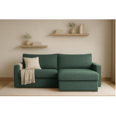 Kaiser Möbel - Kampinė sofa su miego funkcija ir lovos dėže - 224 x 140 x 85 cm kampinė sofa - L formos sofa, gyvenamasis kraštovaizdis - patogi sofa su baldakimu - Lubeka - Audinys Faro - Žalia - Dešinė