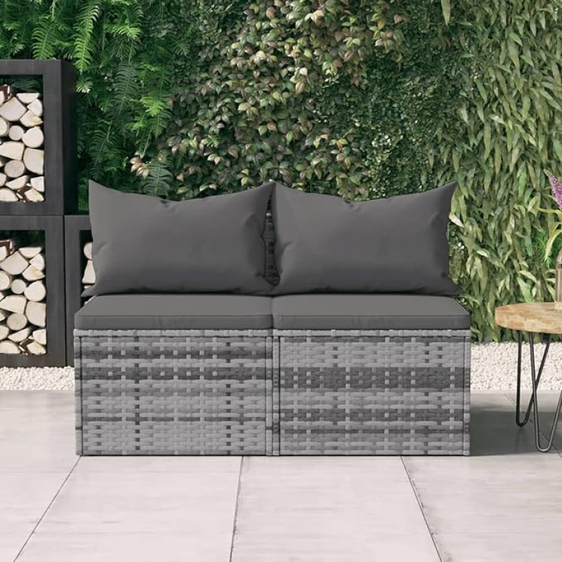 Homgoday Garden Sofa Outdoor Middle Sofas for Garden with Cushions 2 Pack Poly Rattan Grey Bed Sofa Couch Garden Sofa Living Room Patio Outdoor Furniture