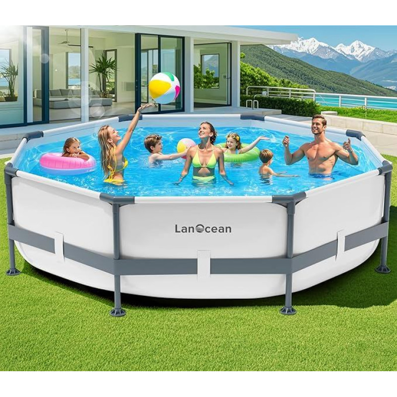 LanOcean Frame Pool 300x300x60cm Große, Stahlrahmen Pool Garten mit Pannensicheres Material, Family Pools Aufstellpools & Schwimmbecken Garten Schnelles Ablassen, Swimmingpool Rund für Ganze Familie