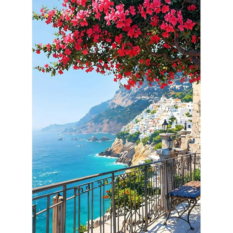 XWDYBDP DIY Diamond Painting Coastline Scenery, 5D Luxury Diamond Painting for Adults Beginners Fishing Village Diamond Embroidery DIY Full Drill Flowers Diamonds Art Home Wall Decoration 30 x 40 cm