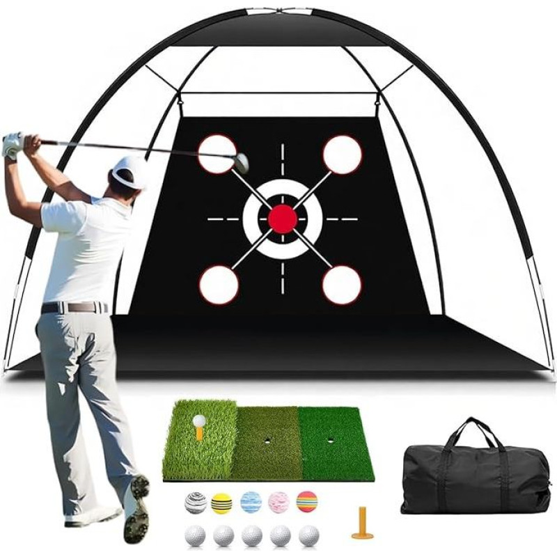 Golf-Übungsnetz mit Matte, tragbares Trainingsset (300 x 200 cm) mit Zielscheibe, 3 Abschlagmatten, 10 Golfbällen, Tees und Tragetasche für drinnen und draußen