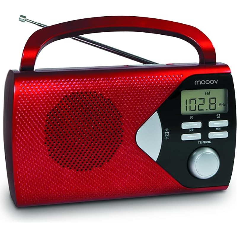 MOOOV 477201 Mažas FM-AM radijo imtuvas su dideliu ekranu, laikrodžio funkcija ir žadintuvu - tranzistorinis radijo imtuvas su garsiakalbiu, maitinimo kištuku arba baterijomis - raudonos spalvos