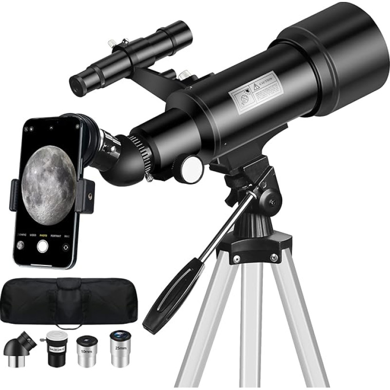 Astronomijos teleskopas, profesionalus 70/400 mm teleskopas pradedantiesiems su 5 x 24 ieškikliu ir trikoju Teleskopas Astronomija Vaikams Suaugusiems Žvaigždžių teleskopas Mėnuliui, planetoms, žvaigždžių stebėjimui (juodas)