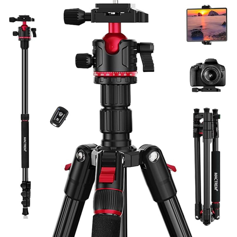 MACTREM fotoaparato trikojis, 74 colių/187 cm aliuminio kelioninis trikojis ir monopodas su 360° rutuline galvute, lengvas trikojis išmaniesiems telefonams iPad Canon Nikon Sony žiūronams Lazerinio lygio teleskopas