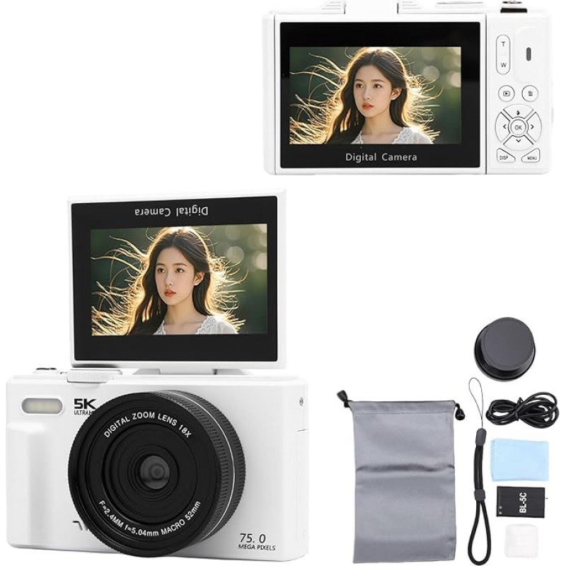 BuyWeek Digital Camera 5K 75MP with WiFi, 18X Zoom Autofocus HD Vlogging Camera with 3 Inch 180° Flip Screen, Macro Wide Angle Lens, LED Fill Light, Beauty Mode, 32 GB Card (White)