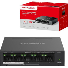 MERCUSYS 5-Port-Gigabit-Ethernet-Computer-Switch mit PoE+, 4 Ports, PoE, 65 W, unterstützt 802.3af/at PDs, Energiemanagement, Metallgehäuse, Plug & Play, Nicht erforderlich