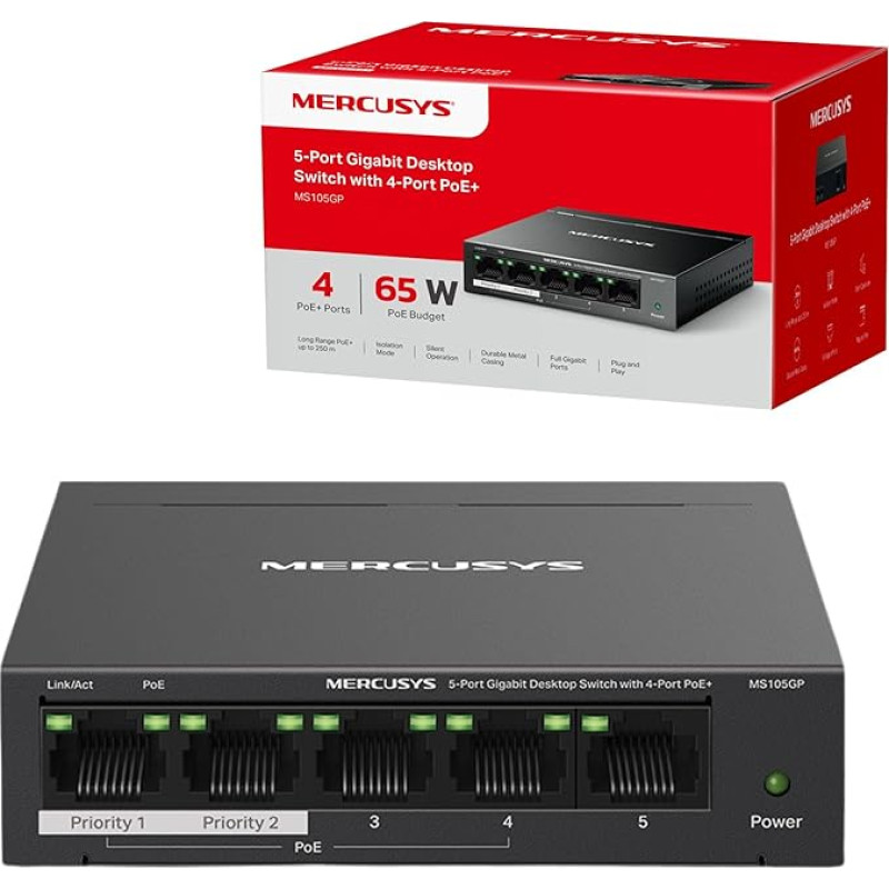 MERCUSYS 5 prievadų Gigabit-Ethernet-Computer-Switch mit PoE+, 4 prievadai, PoE, 65 W, palaiko 802.3af/at PD, Energiemanagement, Metallgehäuse, Plug & Play, Nicht erforderlich
