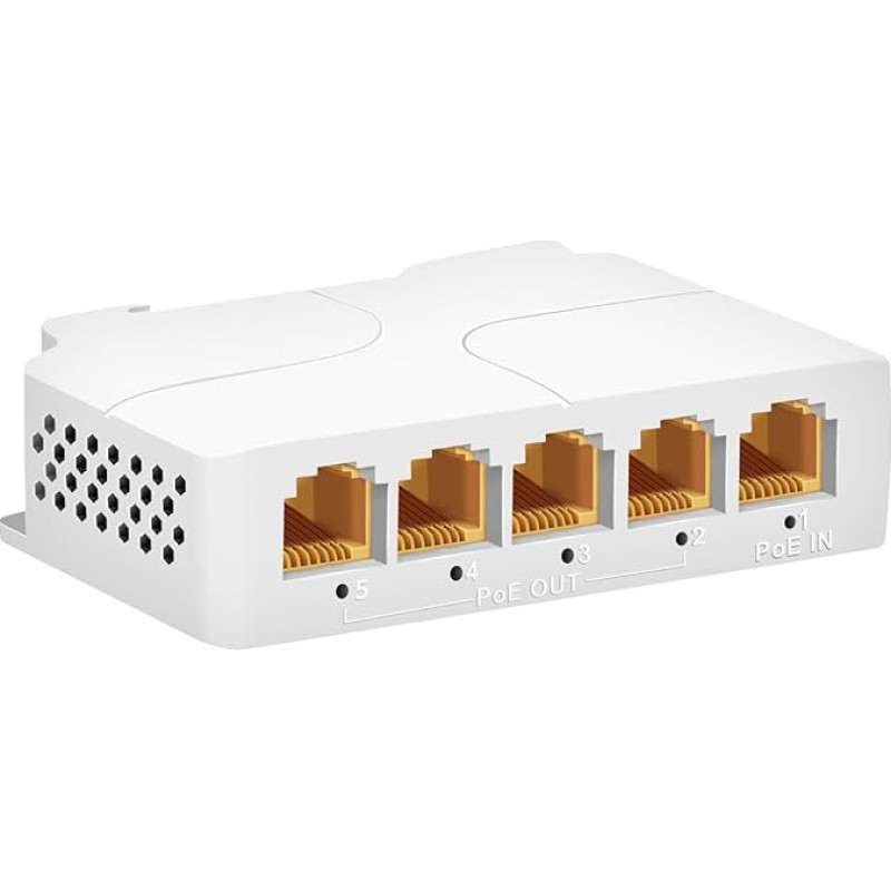 5 prievadų Gigabit PoE ilgintuvas 1 in 4 Out-IEEE 802.3af/at, 90W in 30/60W Out PoE kartotuvas 10/100/1000Mbps, Vlan & Extend iki 100m, Din-Rail & Wall Mount PoE Passthrough Switch Plug & Play (5/1000Mbps)