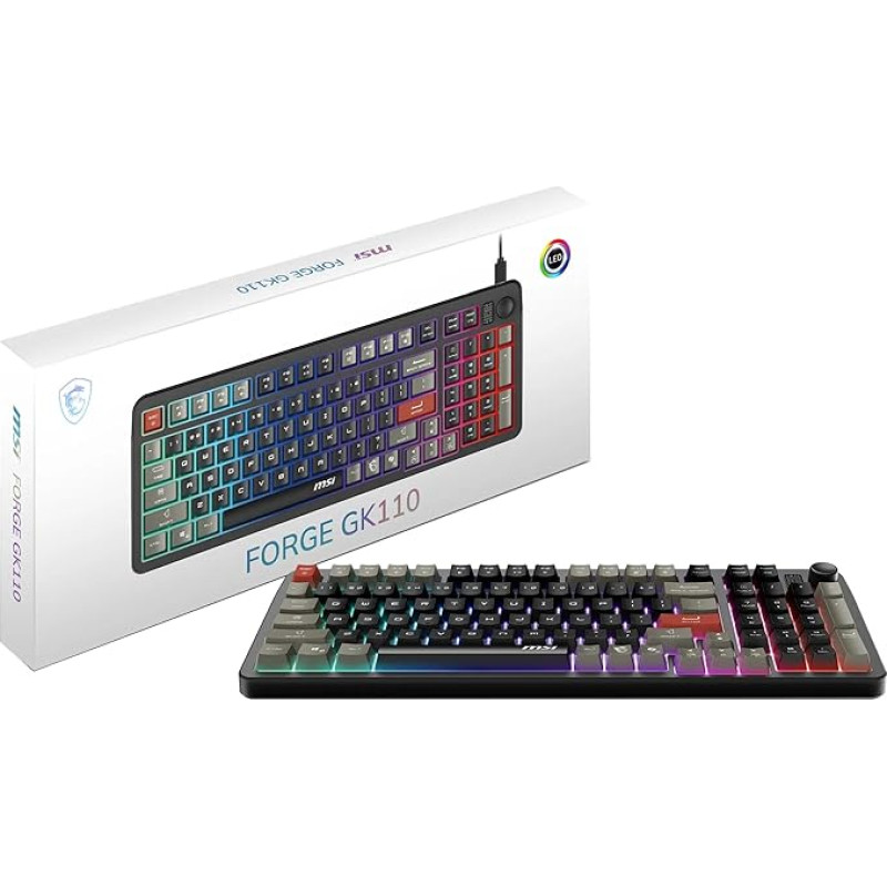 MSI Forge GK110 žaidimų klaviatūra (ES išdėstymas) - membraninis jungiklis, RGB, apšvietimo ir medijos sparčiuosius klavišus, neslystantis pagrindas, reguliuojamas pakreipimas, USB 2.0 - pilno dydžio