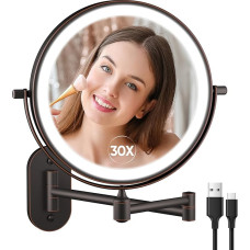 FUNTOUCH įkraunamas sieninis kosmetinis veidrodis su 1X/30X didinimu, 3 spalvų apšviečiamas skutimosi veidrodis, jutiklinio ekrano LED makiažo veidrodis, pasukamas 360° kampu, sieninis veidrodis vonios kambariui ir viešbučiui