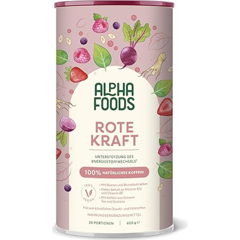 Rote Kraft 2.0 | Energy Elixir 600g | Metabolism & Energy Red Smoothie Powder | Roots & Berries: Maca, Turmeric, Guarana, Beetroot, Yerba Mate, Acai, Goji Berries | Vegan Drink Mix | Alpha foods
