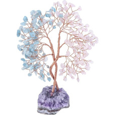 Nupuyai Akvamarino ir rožinio kvarco kristalų medis su ametisto druzos pagrindu, Reiki kristalai Gyvenimo medis brangakmenių medis Pinigų medis Feng Shui vestuvių gyvenamojo kambario apdaila