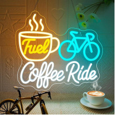 Coffee Ride Fuel Neon Sign Coffee Bicycle LED Sign Coffee Road Bike LED Lettering Light Sign Applicable for Decoration of Places such as Cafe, Coffee Corner, Wheel Station, Bicycle Cafe, Stop