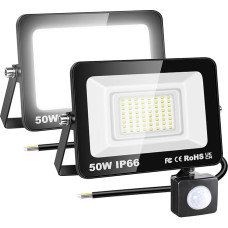 RIGIDON 2 x 50 W 5000 LM lauko judesio jutiklio LED prožektorius, lauko LED lempa, 6000 K šaltai baltos spalvos LED prožektorius, lauko šviesa, vandeniui atsparus lauko prožektorius sodui, garažui, stoginei, namui