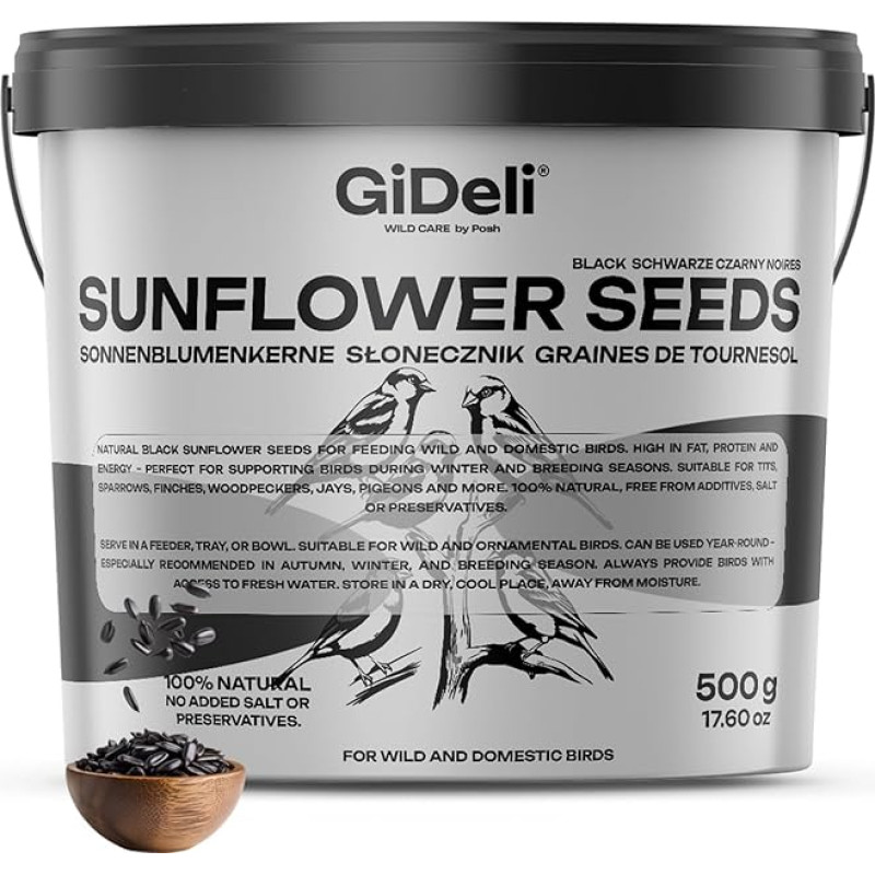 „GiDeli“ juodosios saulėgrąžų sėklos, 500 g, kibire. Pašaras laukiniams paukščiams. Paukščių pašaras visam metui. Arklių ir smulkių gyvūnų pašaras
