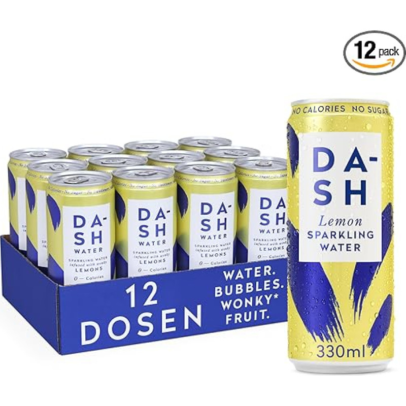 „Dash Water Lemon“ – 12 vnt. gazuoto vandens su citrinų skoniu – be cukraus, be saldiklių, be kalorijų – praturtintas neįprastais vaisiais (12 x 330 ml skardinių)