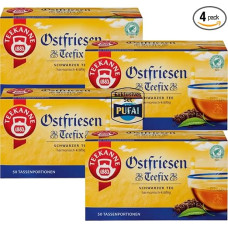 PUFAI rinkinys – arbatinukas „East Frisian Teefix“ juodoji arbata, 50 maišelių (75 g), 4 vnt. pakuotė | Stipri