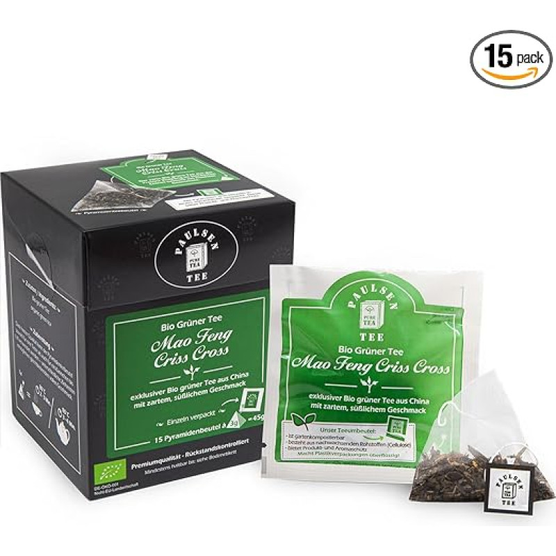 Ekologiška „Mao Feng Criss Cross“ 15 x 3 g, atskirai supakuota, „Paulsen Tea“ žaliosios arbatos piramidės formos maišeliuose – ekologiška, su kontroliuojamu likučių kiekiu ir sertifikuota
