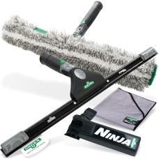 „UNGER Ninja Professional“ langų valymo rinkinys „4-in-1 Advanced“ – aukščiausios kokybės langų valymo rinkinys su profesionaliu langų šluoteliu, langų valytuvu, mikropluošto šluoste ir diržo tvirtinamu kibiru, skirtas profesionaliam stiklų valymui