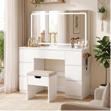 JUMMICO Large Dressing Table with LED Mirror, Colour Temperature Adjustable, 7 Drawers, Integrated Socket Including Stool, Dimensions 115 x 40 x 139 cm, White