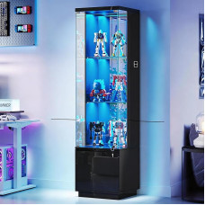 Display Cabinet with LED Lighting and Intelligent Sensors for Living Room | Corner Curiosities Cabinets with Lockable Glass Doors, Glass Display Case with 3 Layers for Bedroom, Office, Study, Black